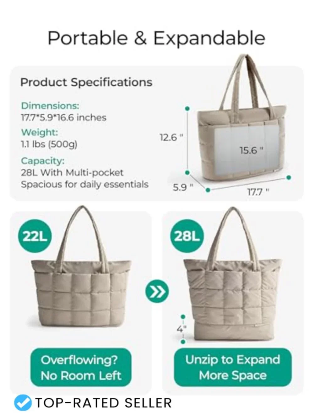 Expandable Puffer Tote Bag, Quilted Carry On for Travel Gym Work